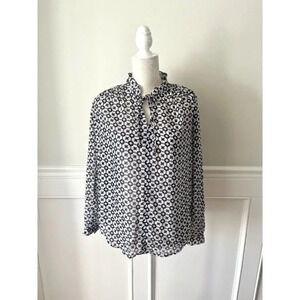 Loft Navy Medallion Print Tie Neck Blouse XS